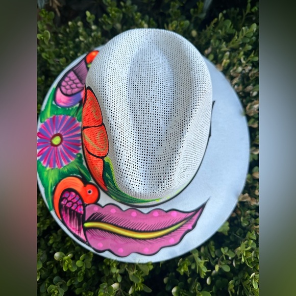 Mexican Artisanal Hand Painted Fedora Hat colorful SIZE M Image Birds and flora - Picture 1 of 4